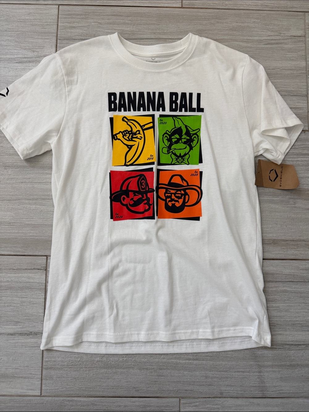 Limited edition Unisex white cotton Banana Ball Graphic Tee Panels adult‎ medium